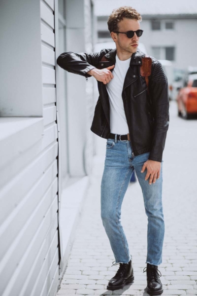 Men's Slim-Fit Light Blue Jeans with Leather Jacket Style